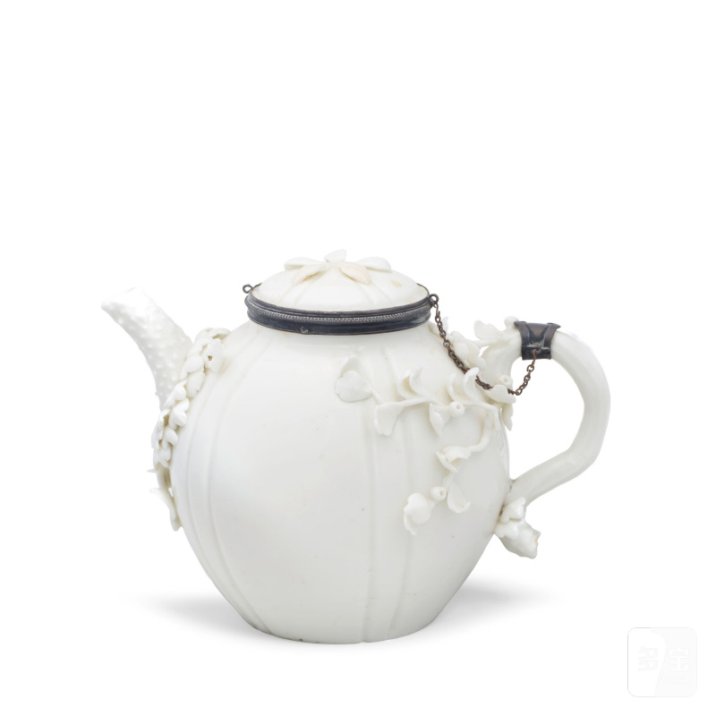 A large Saint-Cloud silver-mounted white teapot and cover, circa 1740